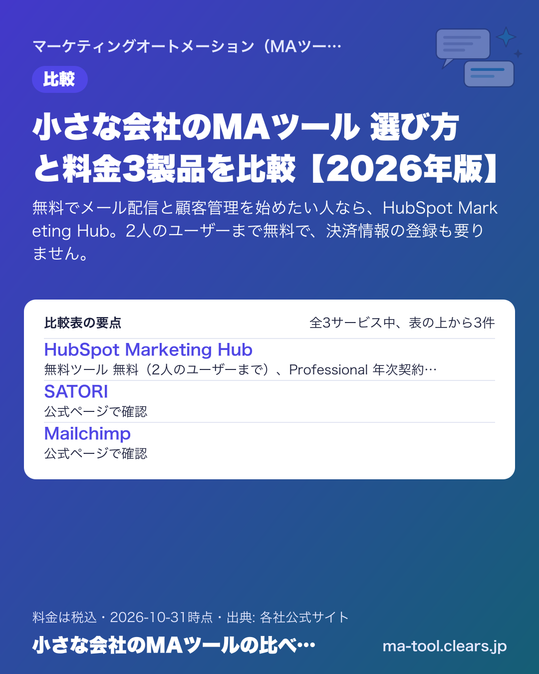 小さな会社のMAツール 選び方と料金3製品を比較【2026年版】の比較表の要点